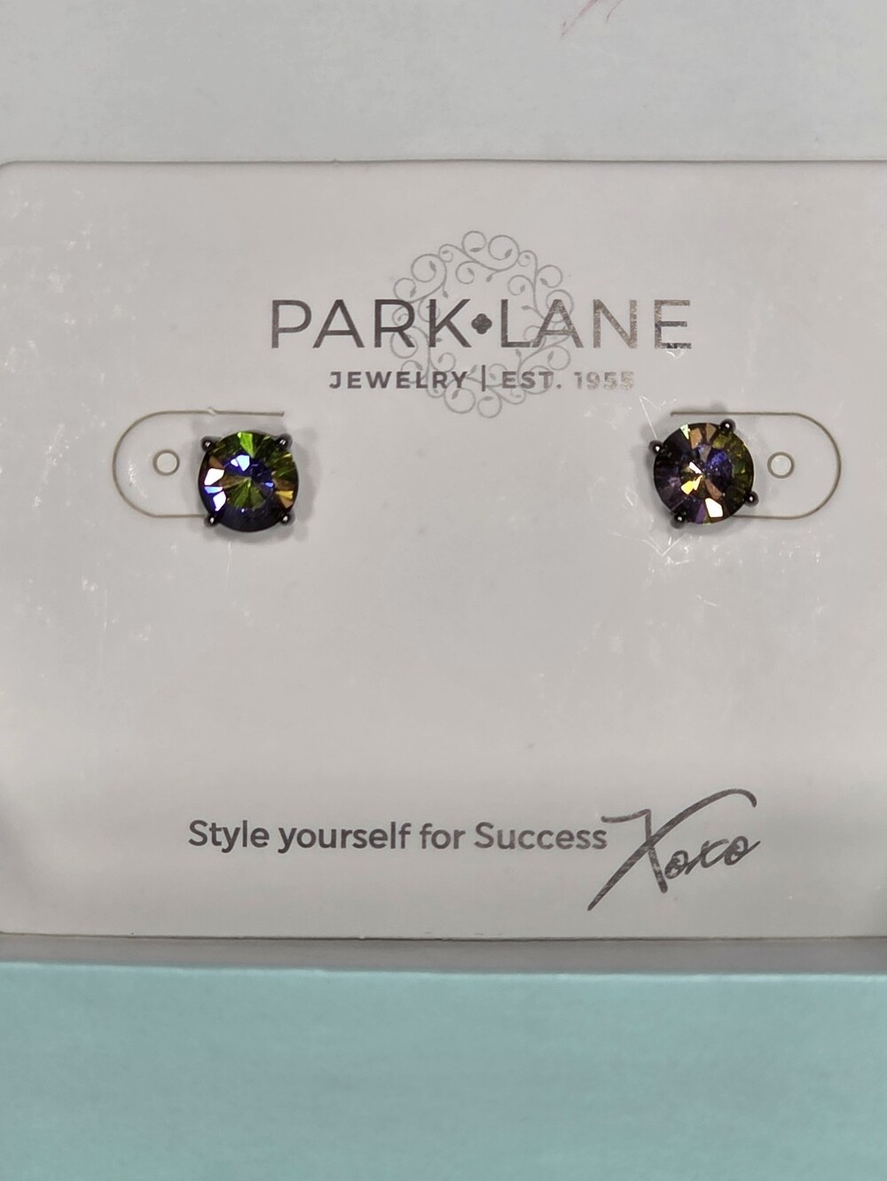 Park Lane Iridescent Round Crystal Stud Earrings Green Purple Flash Gunmetal NWT